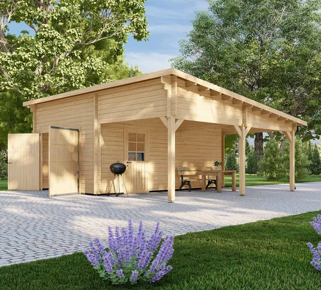 Holzgarage mit Carport Ulmus, 7x6 m, BF 40 m2 mit Holztor Holzgarage mit Carport Ulmus, 7x6 m, BF 40 m2 mit Holztor