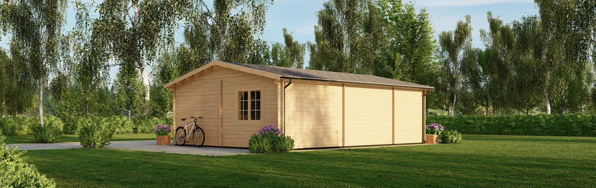 Blockbohlengarage Acer mit Abstellraum, 8×6 m, BF 45 m2 mit Sektionaltoren 4