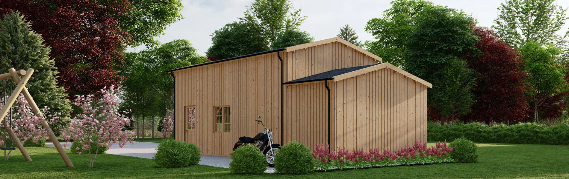 Wohnmobil garage Betula mit Holzverkleidung, 4×8 m, BF 44 m2 mit Anbau ohne Tor 2