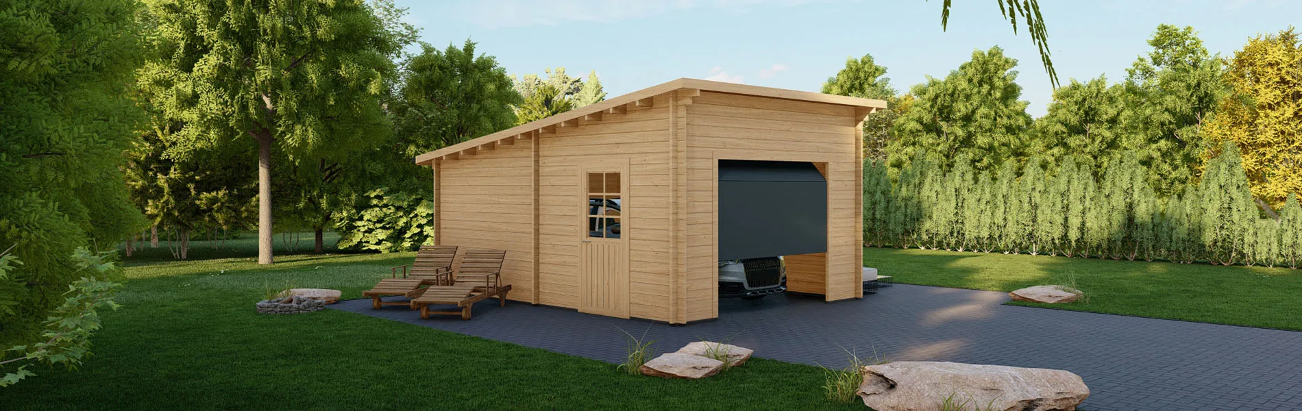 Holzgarage mit Pultdach Tilia, 4×6 m, BF 20 m2 mit Sektionaltor 1