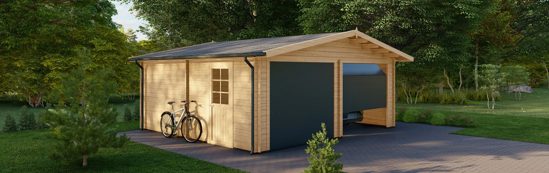Holzgarage mit Satteldach Larix V2, 6×6 m, BF 30 m2 mit Sektionaltoren 1