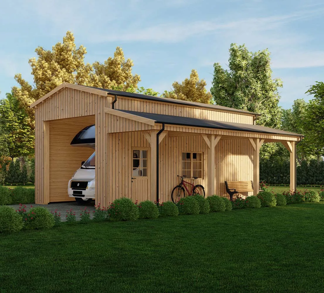 Wohnmobil garage Betula mit Holzverkleidung, 4x8 m, BF 50 m2 mit großem Vordach ohne Tor