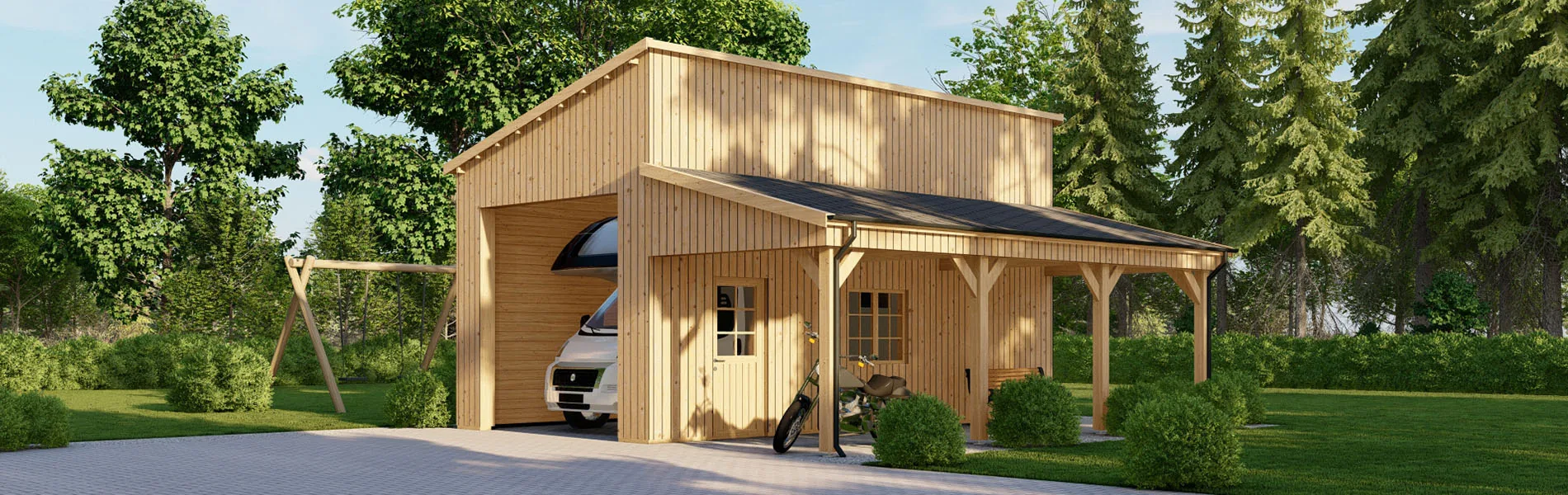 Wohnmobil garage Melica mit Holzverkleidung, 7×8 m, BF 58 m2 ohne Tor 1