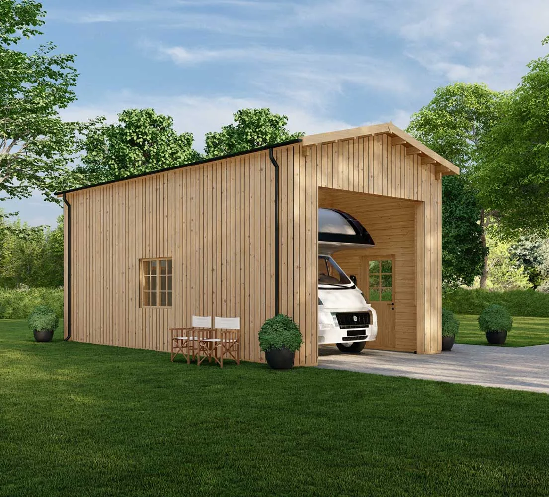 Wohnmobil garage Betula mit Holzverkleidung, 4x8 m, BF 33 m2 ohne Tor