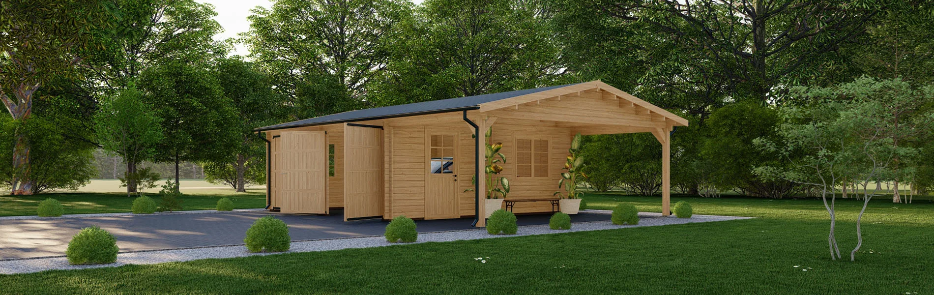 Holzgarage mit Carport Prunus, 9×6 m, BF 50 m2 mit Holztoren 1
