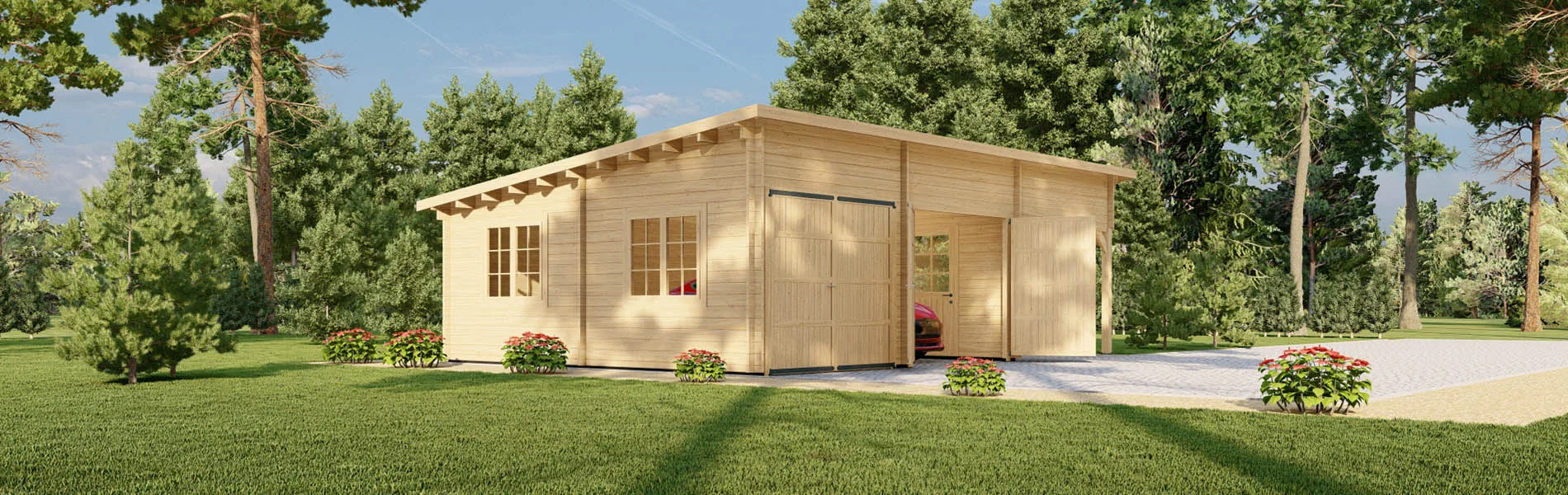 Holzgarage mit Carport Platanus, 9×6 m, BF 50 m2 mit Holztoren 2