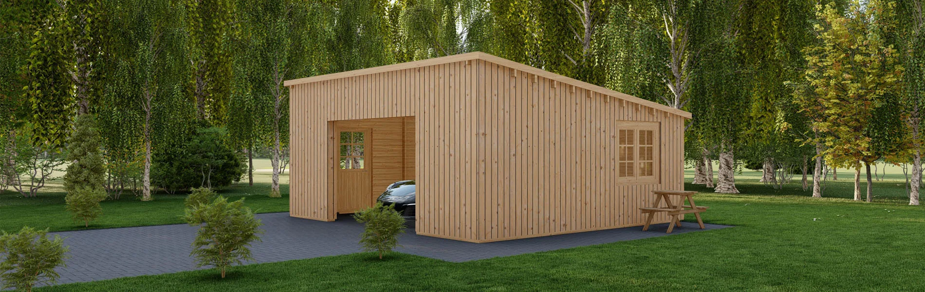 Blockbohlengarage Fagus V3 mit Holzverkleidung, 6×6 m, BF 34 m2 ohne Tor 1