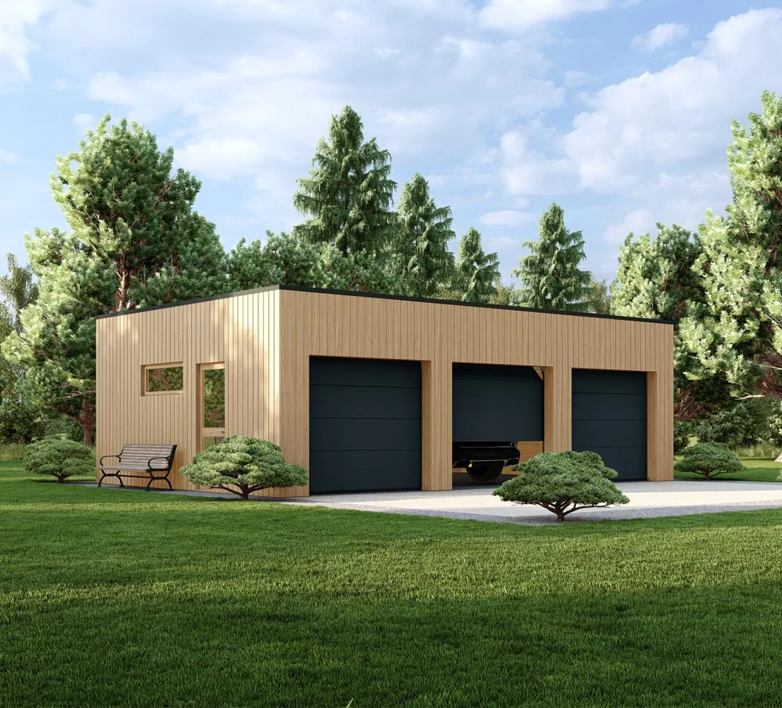 Holzgarage mit Flachdach Areca, 9x6 m, BF 55 m2 mit Sektionaltoren Holzgarage mit Flachdach Areca, 9x6 m, BF 55 m2 mit Sektionaltoren