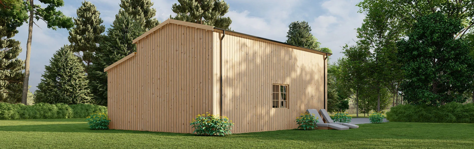 Wohnmobil garage Betula mit Holzverkleidung, 4×8 m, BF 40 m2 mit Abstellraum ohne Tor 4