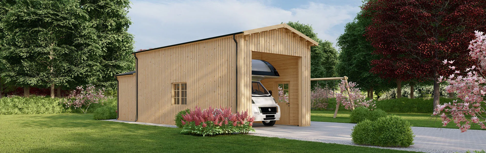 Wohnmobil garage Betula mit Holzverkleidung, 4×8 m, BF 44 m2 mit Anbau ohne Tor 1