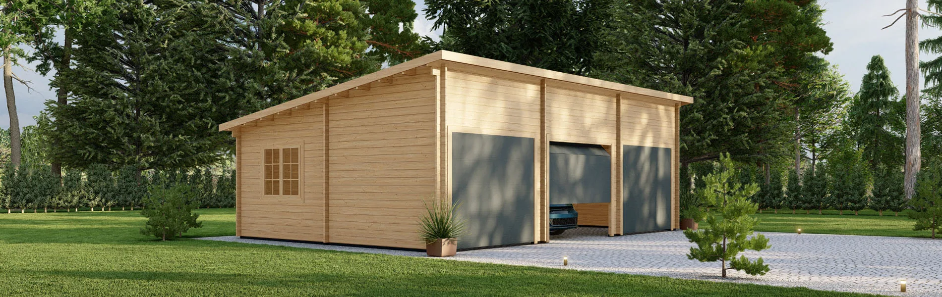 Dreifachgarage aus Holz Pinus, 9×6 m, BF 50 m2 mit Sektionaltoren 2