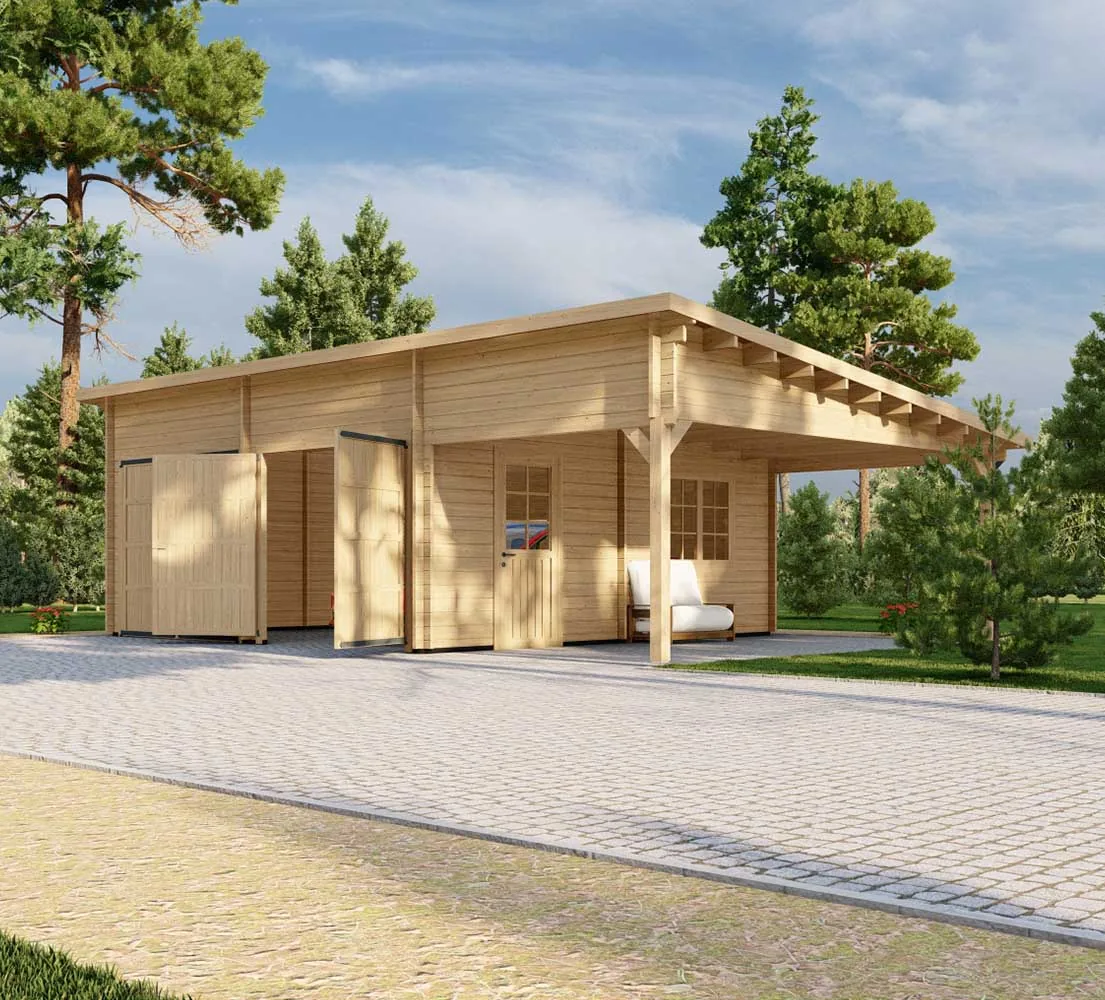 Holzgarage mit Carport Platanus, 9x6 m, BF 50 m2 mit Holztoren Holzgarage mit Carport Platanus, 9x6 m, BF 50 m2 mit Holztoren