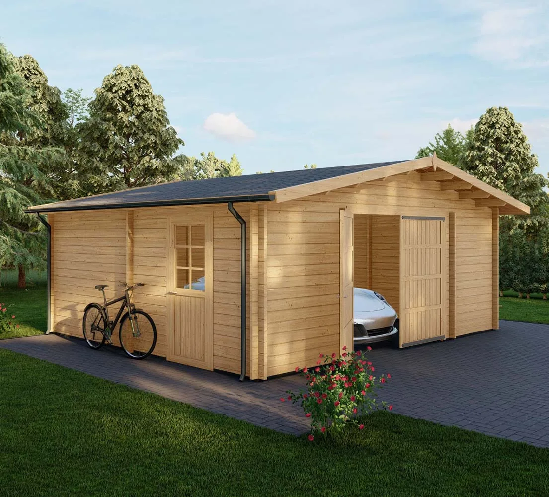 Holzgarage mit Satteldach Larix, 6x6 m, BF 30 m2 mit Holztor