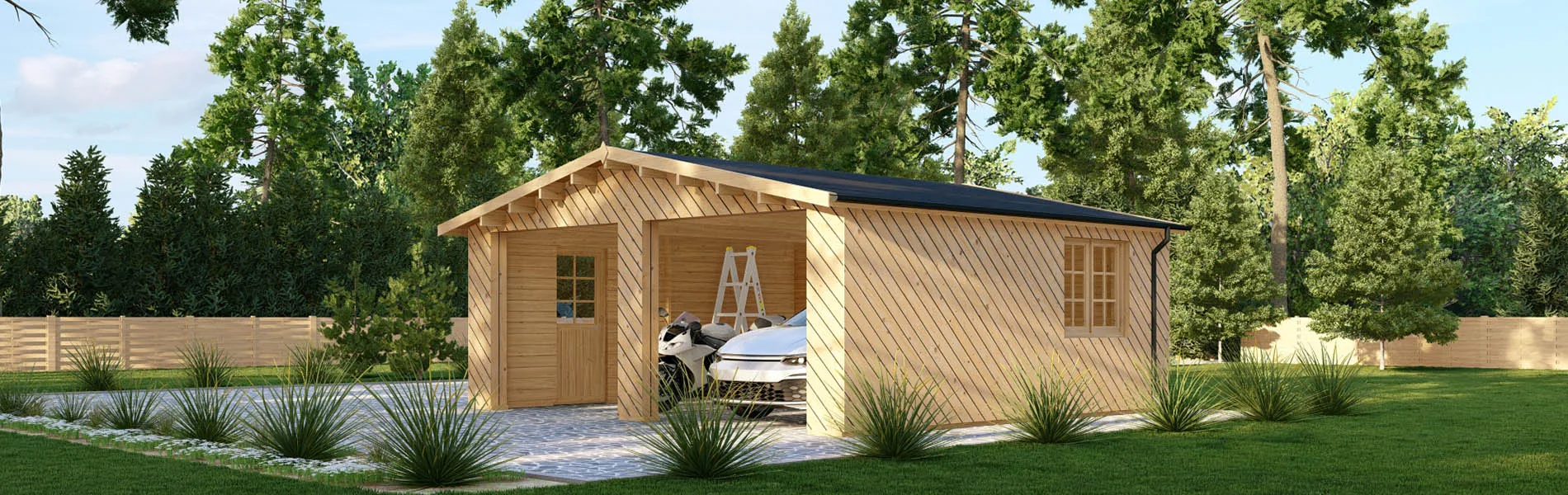 Doppelgarage aus Holz Larix V2 mit Holzverkleidung, 6×6 m, BF 34 m2 ohne Tore 1