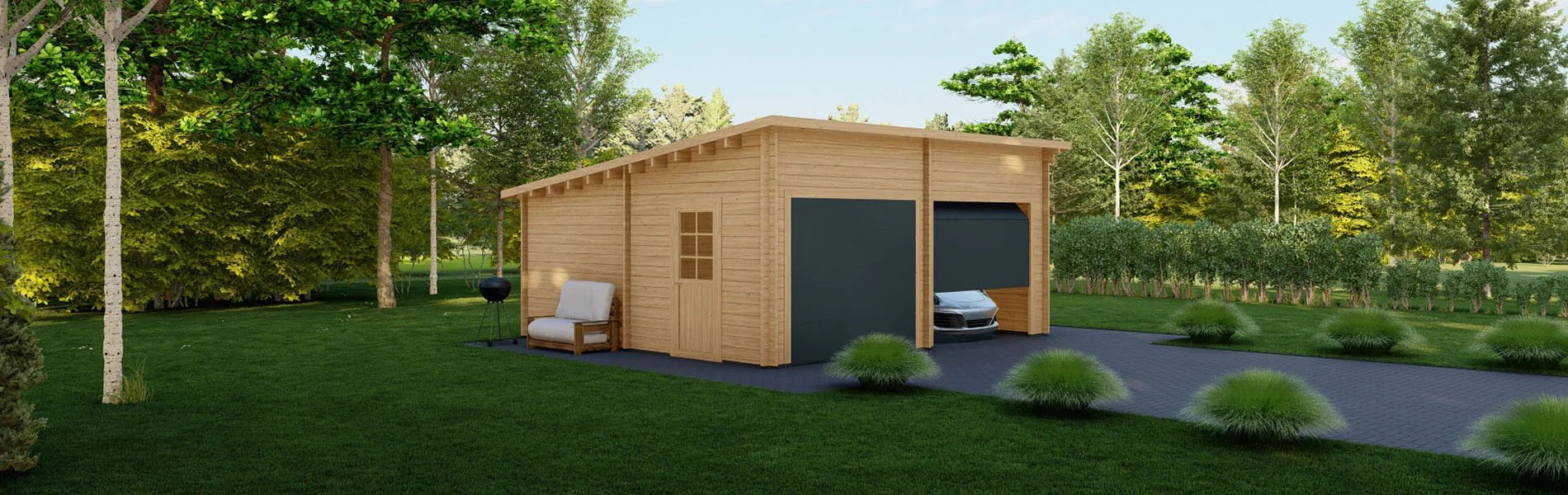 Holzgarage mit Pultdach Fagus V2, 6×6 m, BF 30 m2 mit Sektionaltoren 1