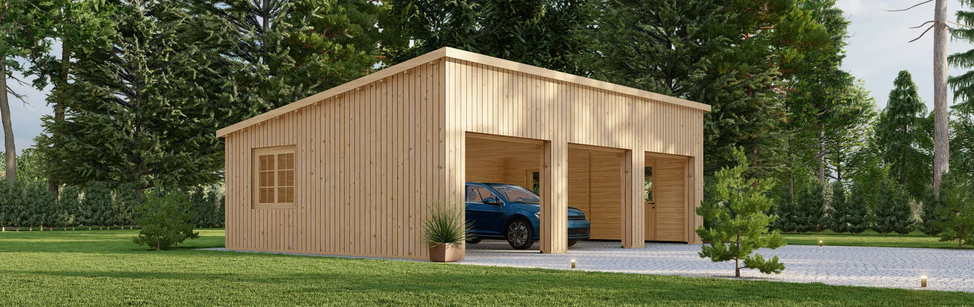Dreifachgarage aus Holz Pinus mit Holzverkleidung, 9×6 m, BF 55 m2 ohne Tore 1