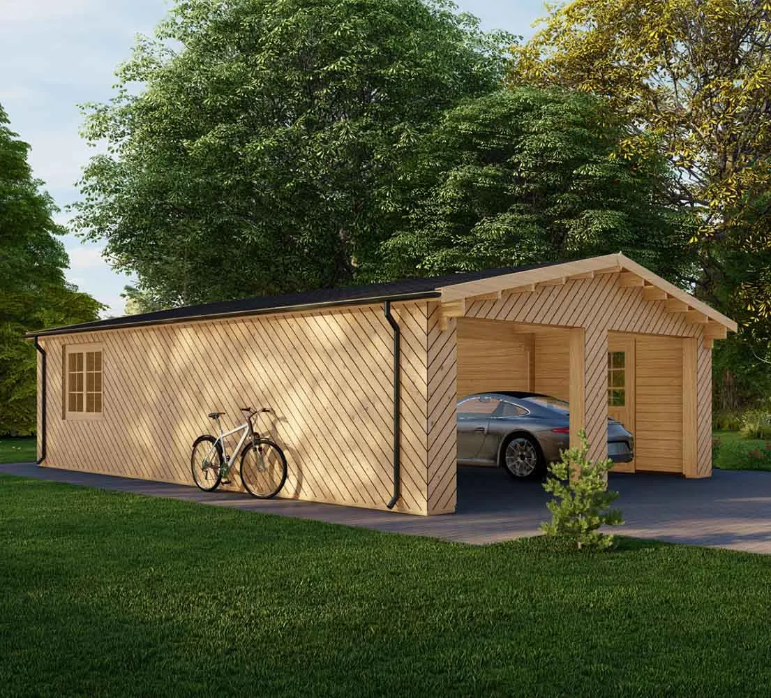 Doppelgarage aus Holz Laurus mit Holzverkleidung, 6x9 m, BF 55 m2 ohne Tore