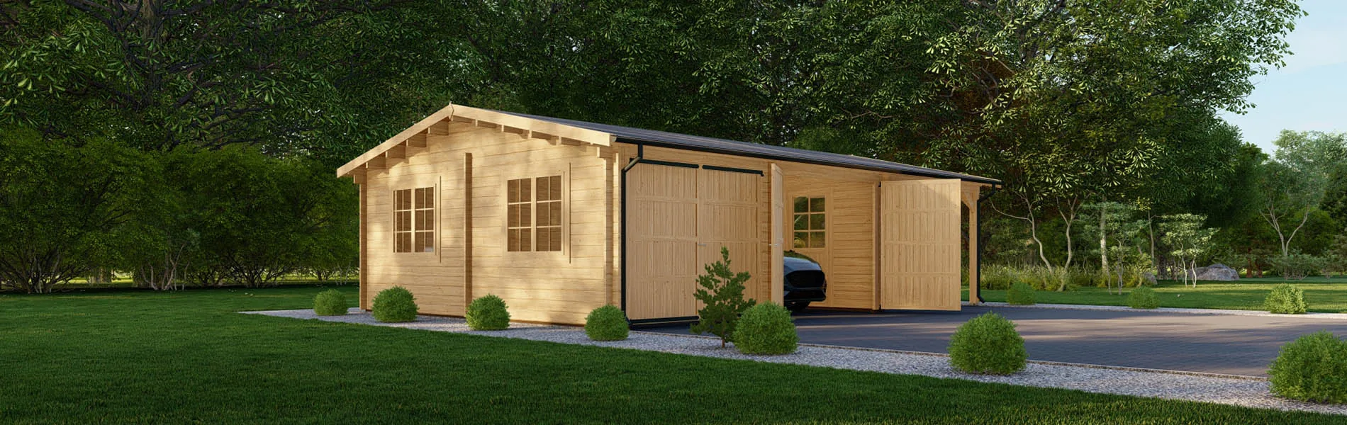 Holzgarage mit Carport Prunus, 9×6 m, BF 50 m2 mit Holztoren 2