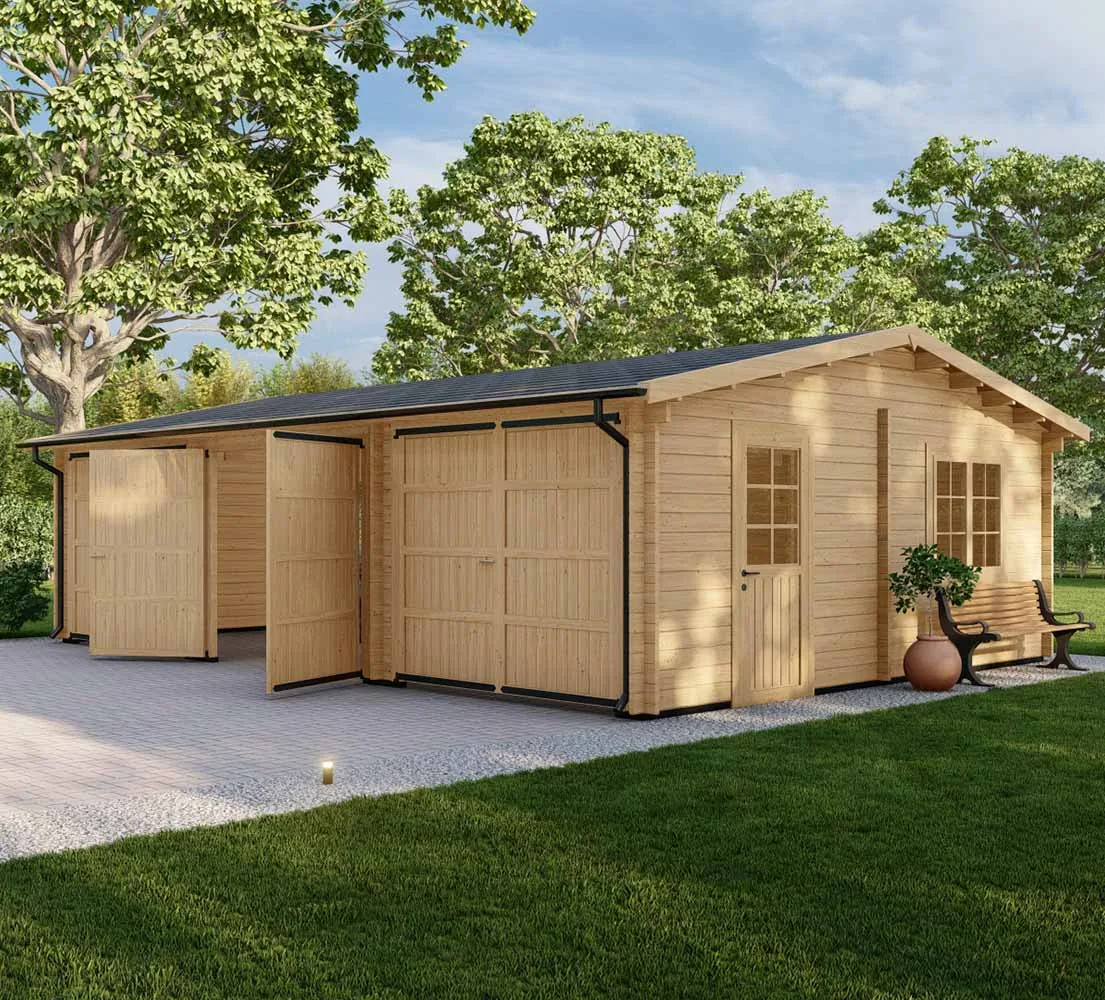 Dreifachgarage aus Holz Picea, 9x6 m, BF 50 m2 mit Holztoren Dreifachgarage aus Holz Picea, 9x6 m, BF 50 m2 mit Holztoren