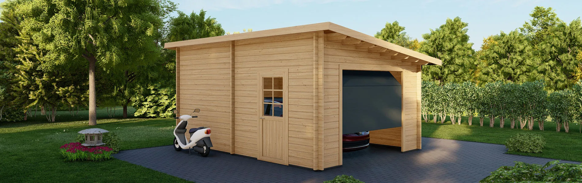 Holzgarage mit Pultdach Sorbus, 4×6 m, BF 20 m2 mit Sektionaltor 1