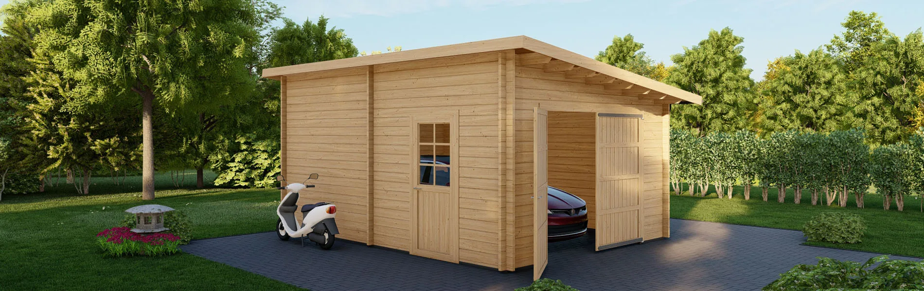 Holzgarage mit Pultdach Sorbus, 4×6 m, BF 20 m2 mit Holztor 1