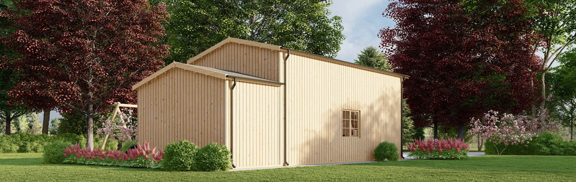 Wohnmobil garage Betula mit Holzverkleidung, 4×8 m, BF 44 m2 mit Anbau ohne Tor 3