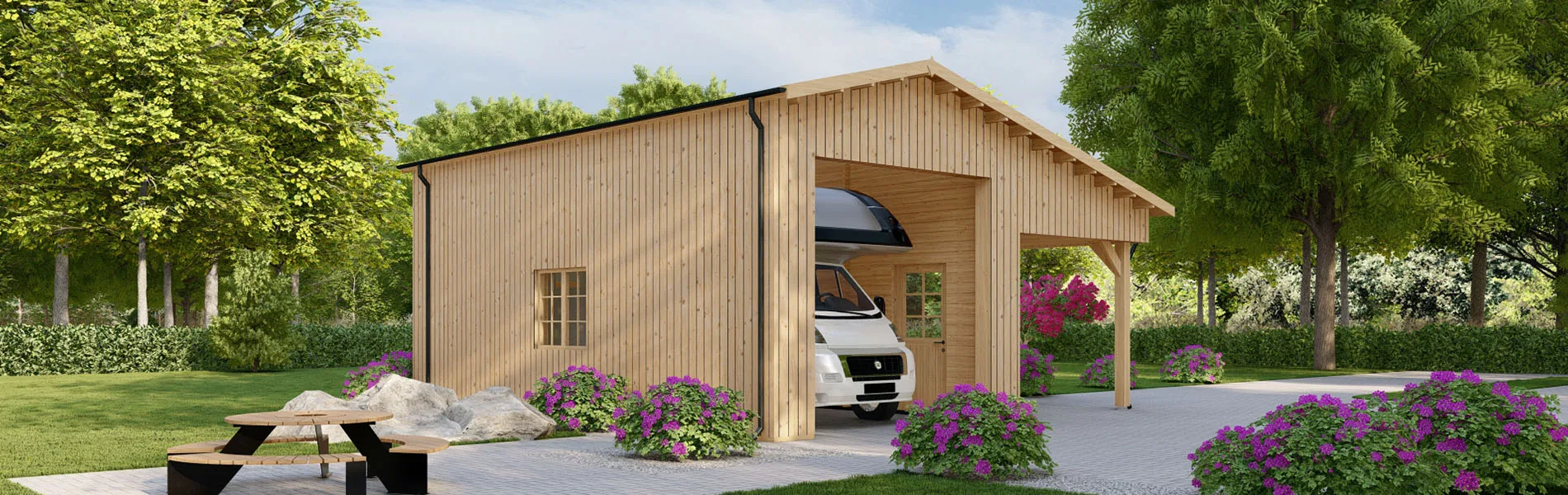 Wohnmobil garage Nigella mit Holzverkleidung, 7×8 m, BF 58 m2 ohne Tor 2
