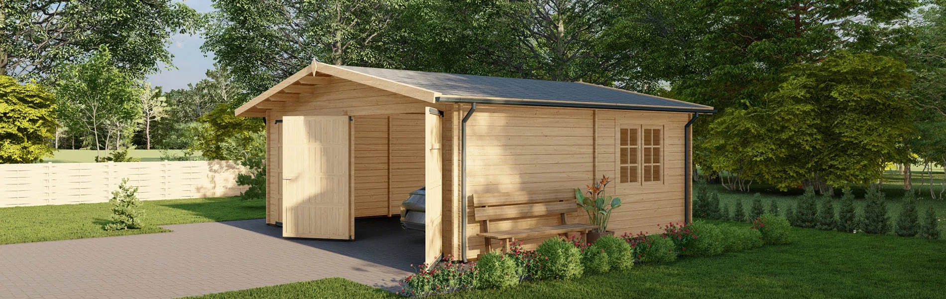 Holzgarage mit Satteldach Larix V2, 6×6 m, BF 30 m2 mit Holztoren 2