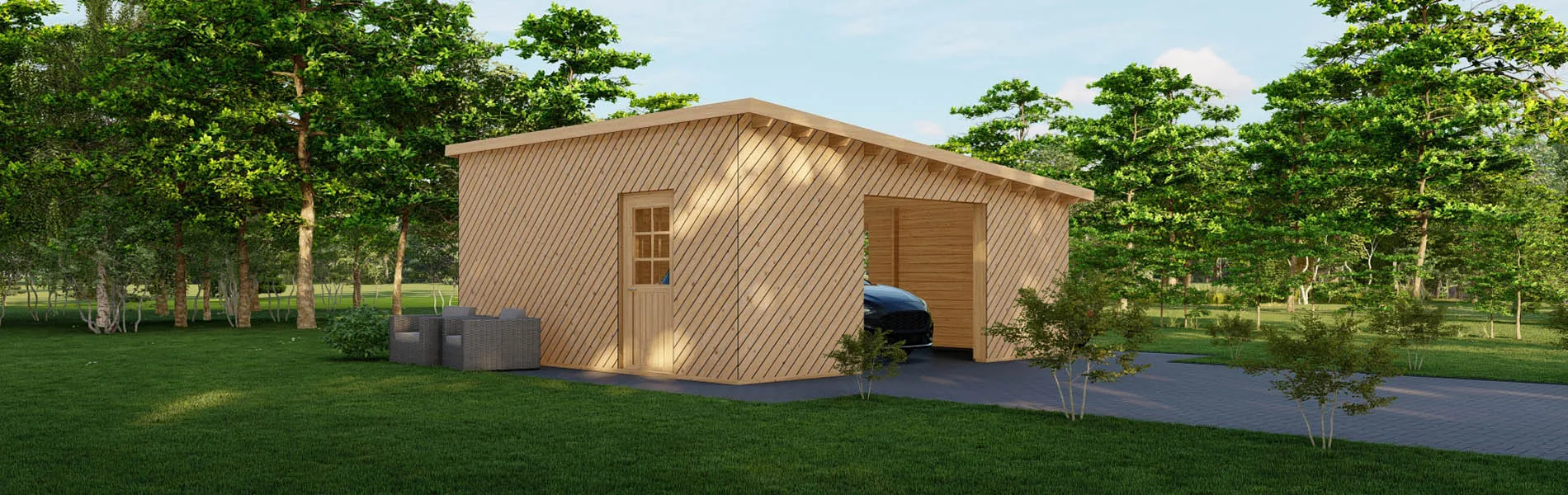 Blockbohlengarage Taxus mit Holzverkleidung, 6×6 m, BF 34 m2 ohne Tor 2
