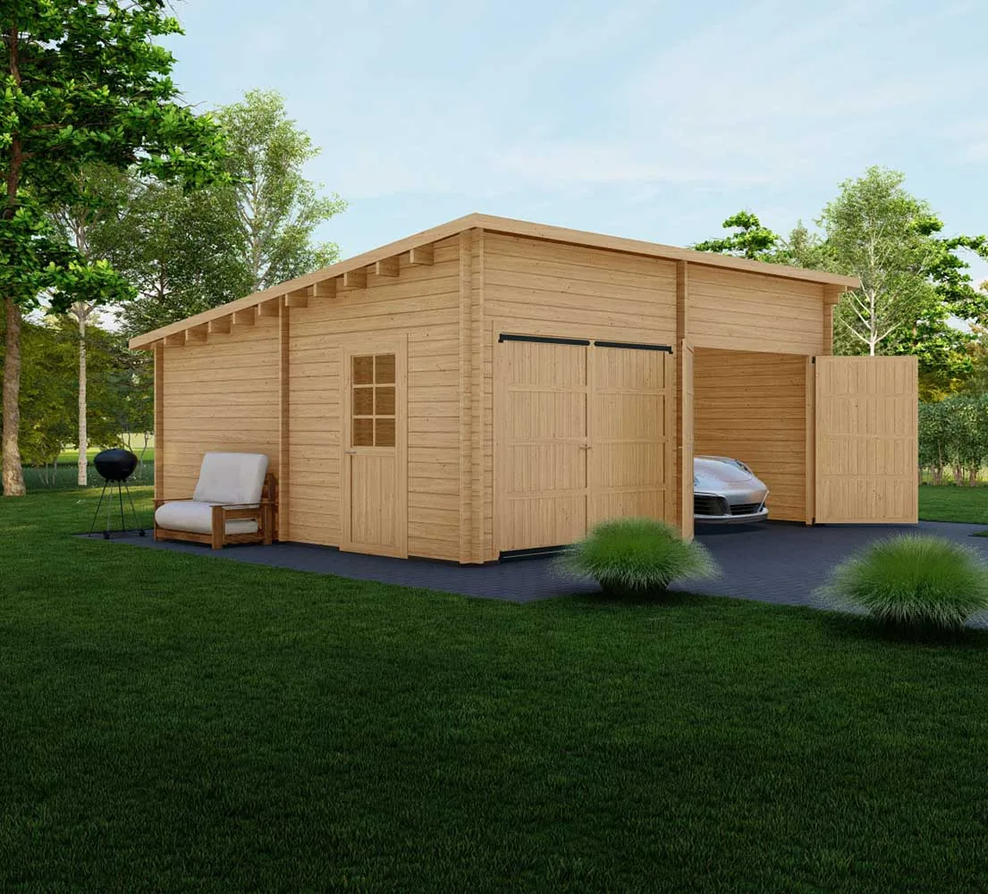 Holzgarage mit Pultdach Fagus V2, 6x6 m, BF 30 m2 mit Holztoren
