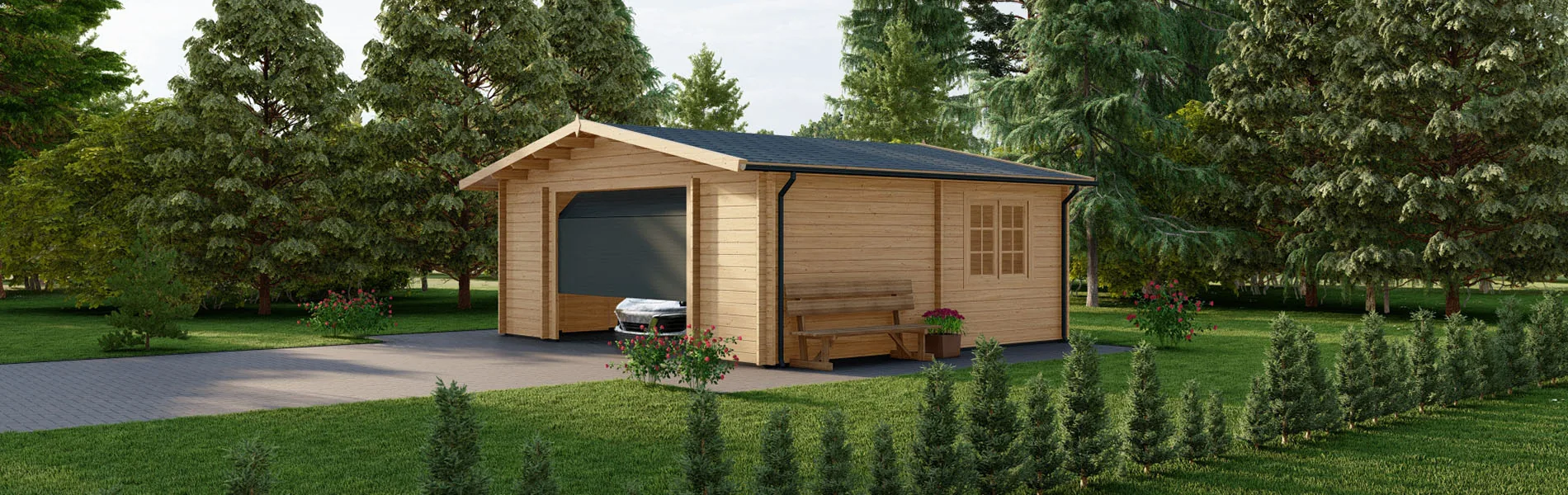 Holzgarage mit Satteldach Larix V3, 6×6 m, BF 30 m2 mit Sektionaltor 2
