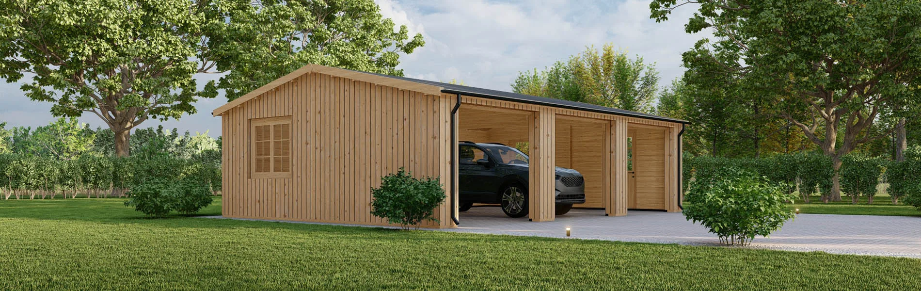Dreifachgarage aus Holz Picea mit Holzverkleidung, 9×6 m, BF 55 m2 ohne Tore 1