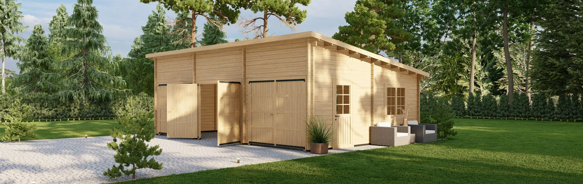 Dreifachgarage aus Holz Pinus, 9×6 m, BF 50 m2 mit Holztoren 1