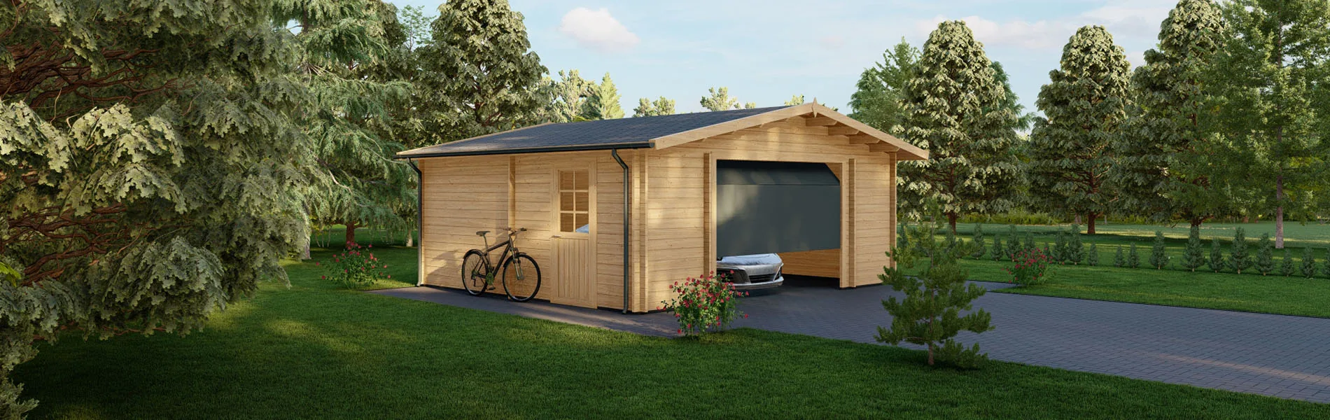 Holzgarage mit Satteldach Larix V3, 6×6 m, BF 30 m2 mit Sektionaltor 1