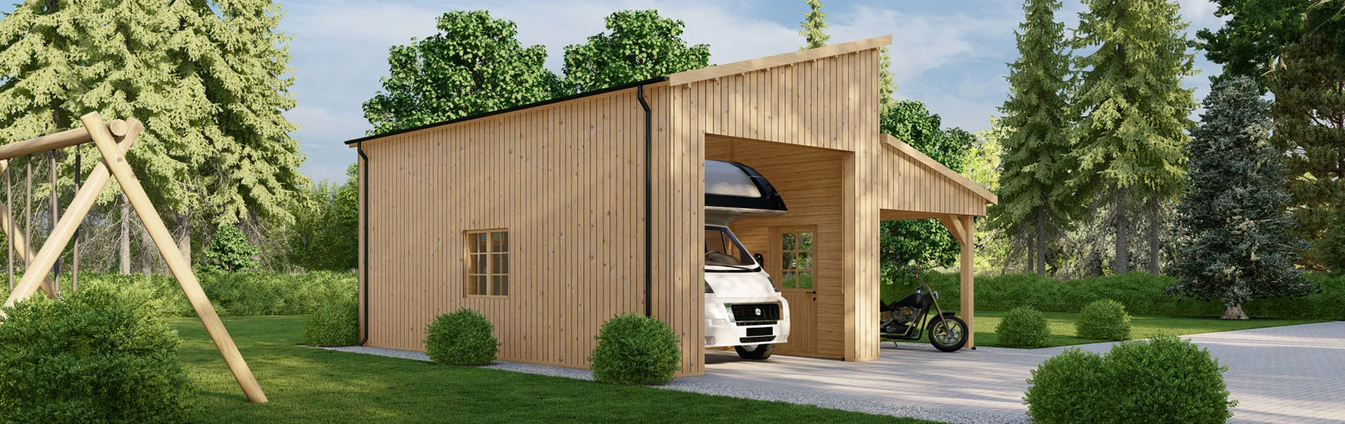 Wohnmobil garage Melica mit Holzverkleidung, 7×8 m, BF 58 m2 ohne Tor 2