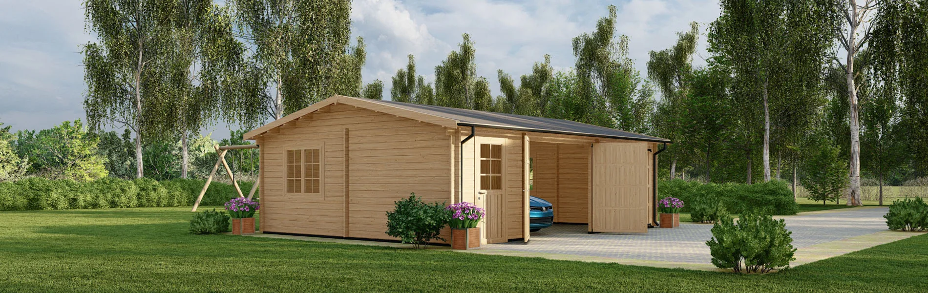 Blockbohlengarage Acer mit Abstellraum, 8×6 m, BF 45 m2 mit Holztoren 1