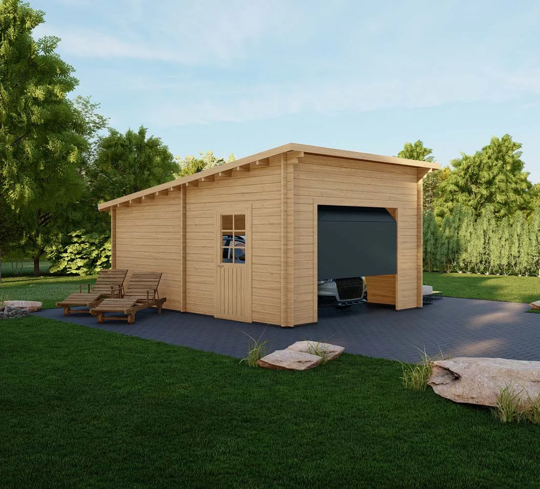 Holzgarage mit Pultdach Tilia, 4x6 m, BF 20 m2 mit Sektionaltor Holzgarage mit Pultdach Tilia, 4x6 m, BF 20 m2 mit Sektionaltor
