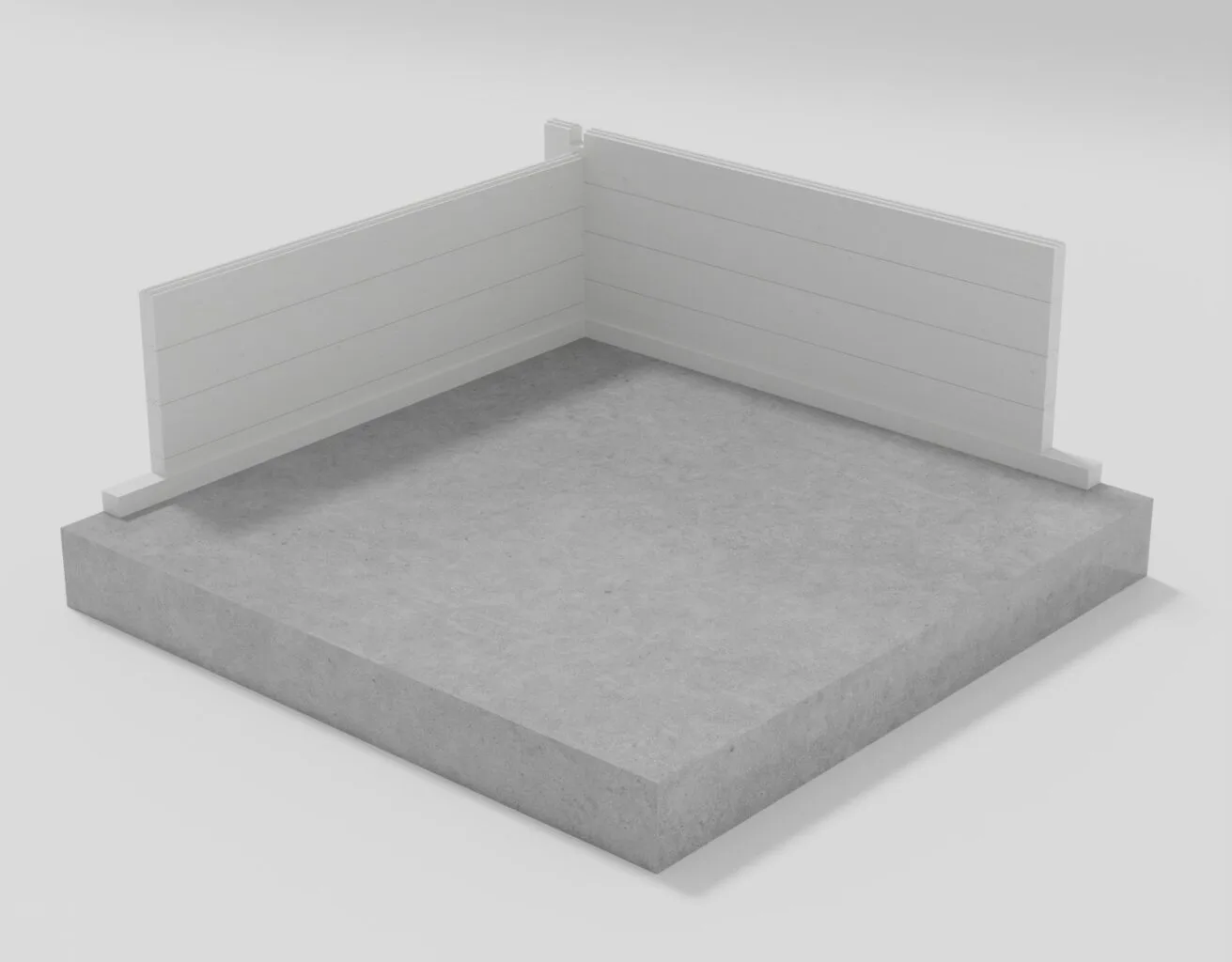 Ohne Fußboden mit 5cm Unterkonstruktion Visualisierung der Wandecke von Blockbohlen auf 5cm Unterkonstruktion ohne Fußboden.