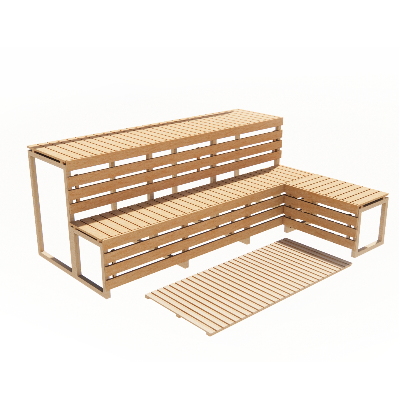Saunabänke und Bodenrost Visualisierung der Saunabänke und des Bodenrosts aus Holz