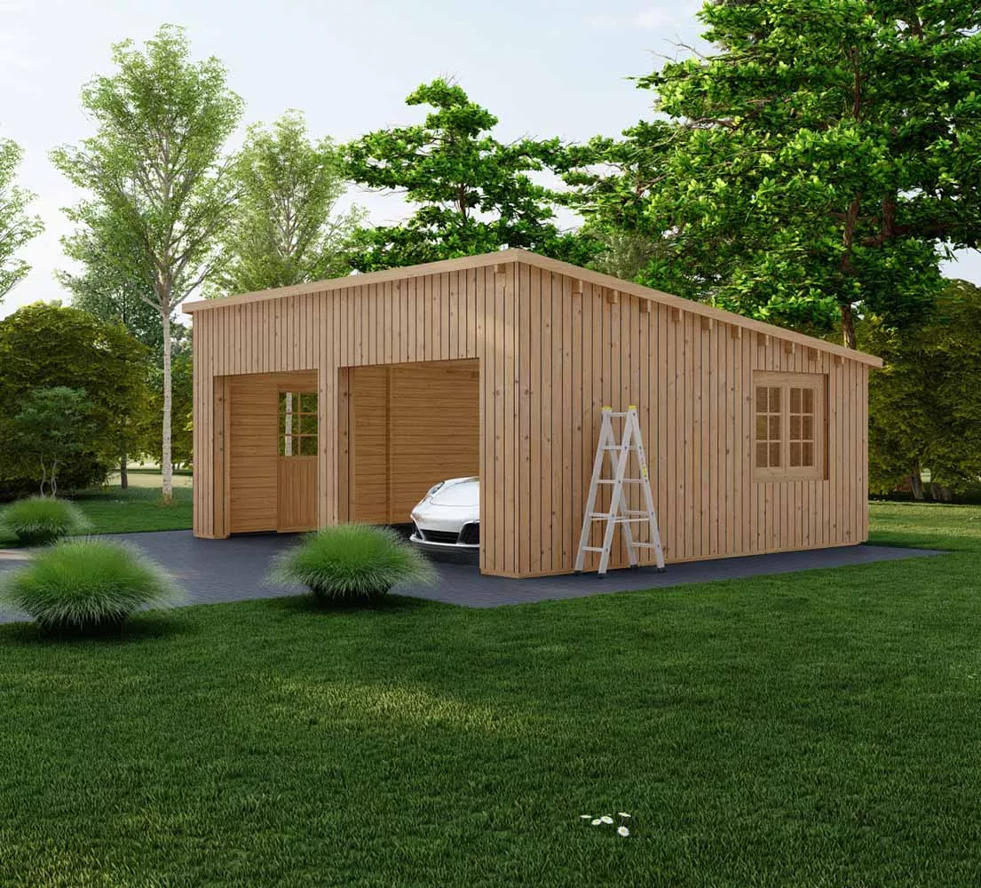 Holzgarage mit Pultdach Fagus V2 mit Holzverkleidung, 6x6 m, BF 34 m2 ohne Tore Holzgarage mit Pultdach Fagus V2 mit Holzverkleidung, 6x6 m, BF 34 m2 ohne Tore